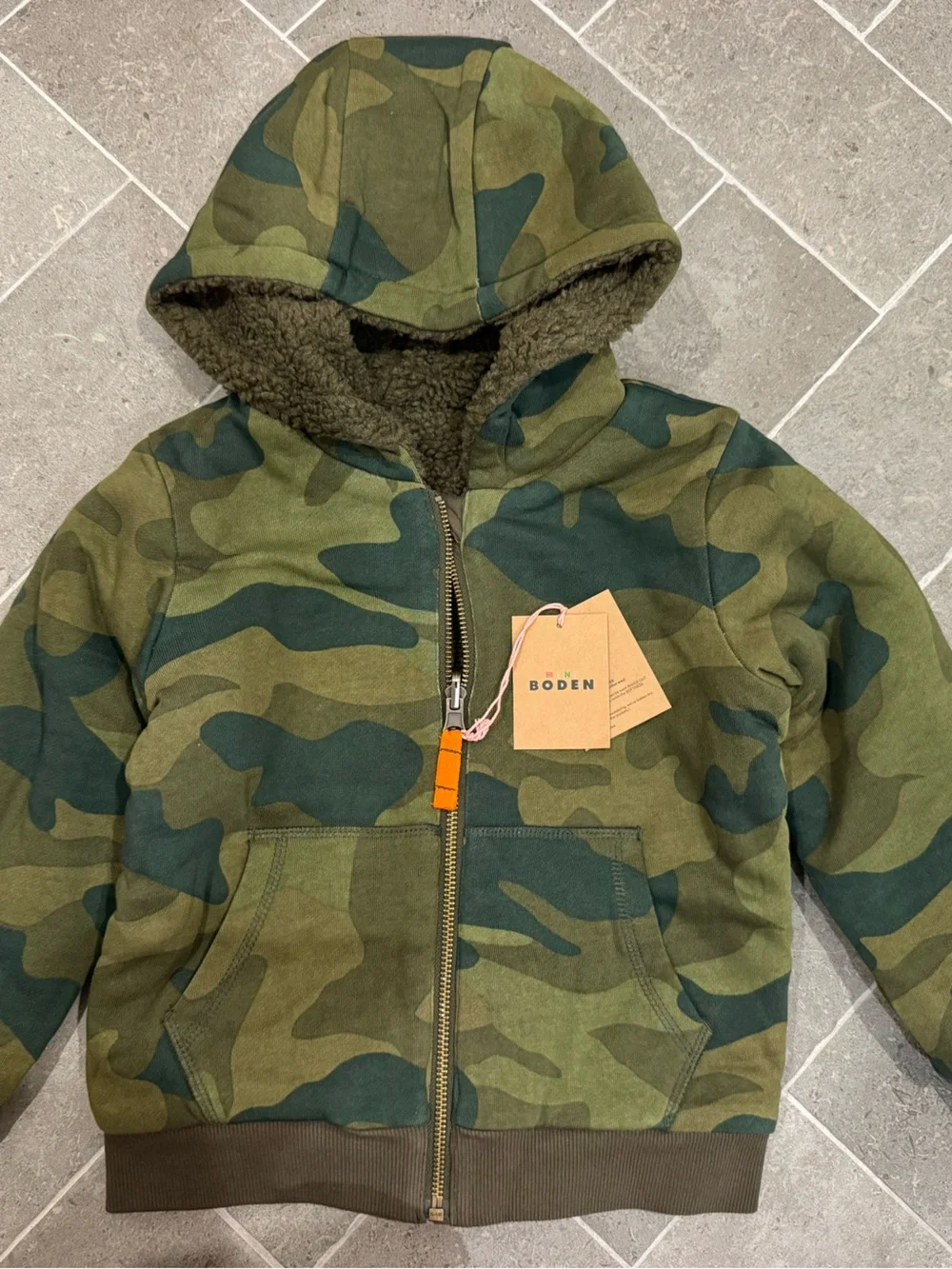 Mini Boden Camo Sherpa Hooded Jacket